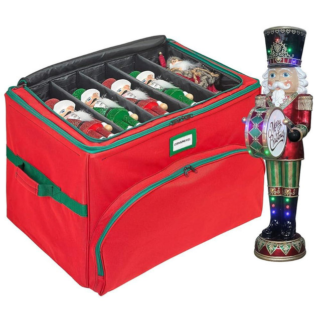Christmas Nutcracker and Figurine Collectible Storage Box - Holds Up to 72 Ornaments 4” x 4” - Top Adjustable Compartments for Figurines, Nutcrackers, etc - Heavy Duty 600D/ Inside PVC Material