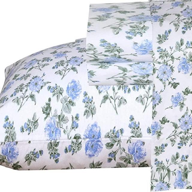 Ruvanti 100% Cotton 4 Piece Flannel Sheets Queen Floral Design- Deep Pocket -Warm-Super Soft-Breathable & Moisture Wicking Flannel Bed Sheets Set Queen Include Flat Sheet, Fitted Sheet & 2 Pillowcases