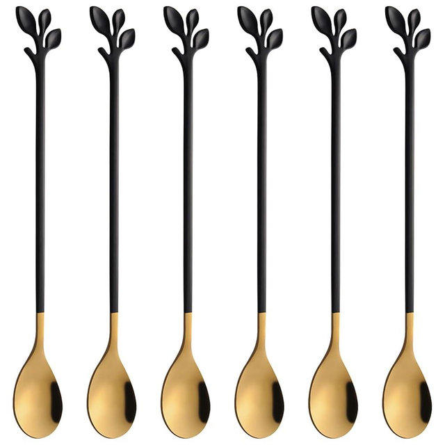 AnSaw 6-Piece Elegant Black & Gold Leaf Long Handle Teaspoons - 7.4" Stainless Steel Stir Spoons for Coffee & Tea, Perfect for Mixing & Stirring