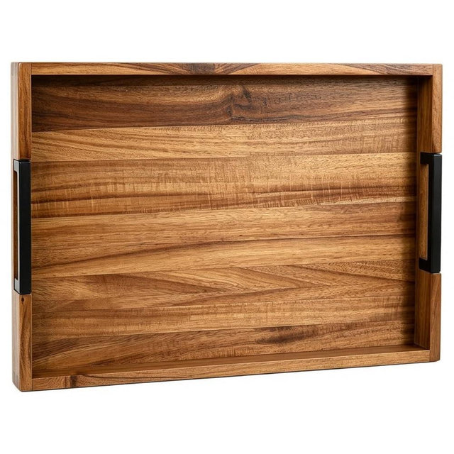 Large Ottoman Tray for Living Room and Coffee Table, Decorative Acacia Wood Serving Tray with Metal Handles for Breakfast in Bed, Dinner Food Kitchen TV (Natural, 20" x 14" x 2")