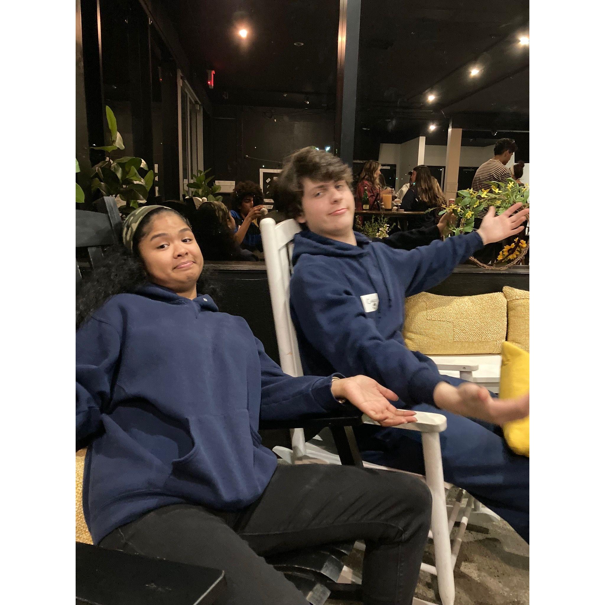 (November 17, 2021):  Our very first photo together, just two church friends. We were wearing the same thing!
