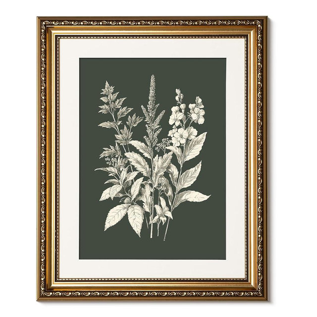 ARPEOTCY Gold Framed Canvas Wall Art, Botanical Floral Illustration Art Prints, Modern Minimalist Plant Decor for Living Dining Room Hallway Office, Dark Green Vintage Cottage Decor, 13x16 Inch