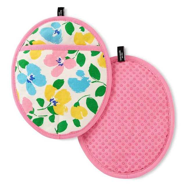 Kate Spade New York Painterly Bouquet Pot Holder 2-Pack Set, Heat Resistant, 100% Cotton with Printed Non-Slip Silicone Grip, Pink/Green/Blue, 8"X10"