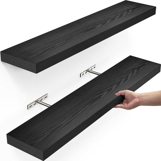 BAYKA Floating Shelves, Wall Mounted Rustic Wood Shelves for Bathroom, Bedroom, Living Room, Kitchen, Office, 23" Hanging Shelf for Books/Storage/Room Decor with 22lbs Capacity (Black, Set of 2)
