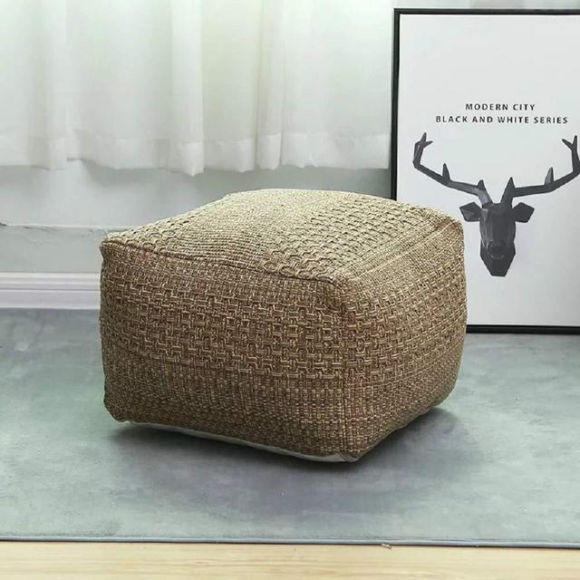 Pouf Cover Storage with Handmade Woven Cotton Linen Pouf Cover Boho Square Unstuffed Pouf Ottoman Footstool Foot Rest for Living Room, Bedroom and Under Desk,12.9x16.5x16.5inch (Regular Brown)