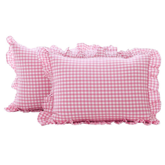 K MASANIJI 2 Pack Pink White Plaid Ruffle Gingham Standard Pillow Covers, 100% Washed Cotton Checkered Girly Bed Pillow Shams - 20"x26"
