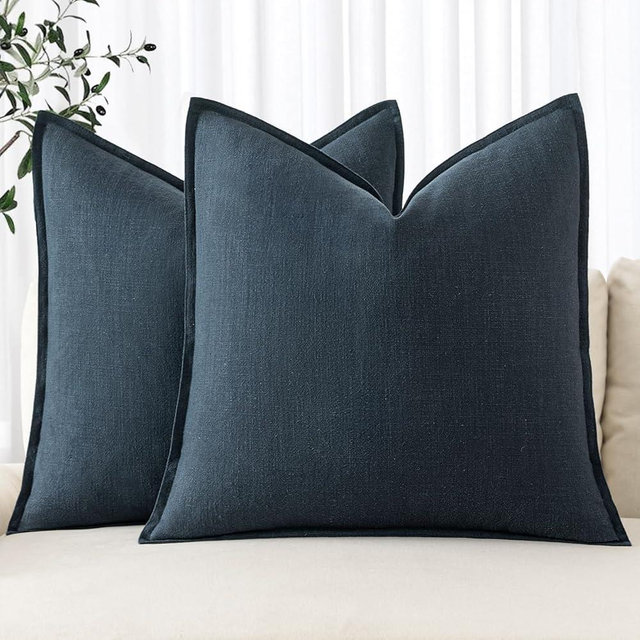 MIULEE Decorative Linen Euro Sham Pillow Covers 24x24 Navy Blue ​Boho Farmhouse​ ​Neutral Couch Throw Pillows for Bed Pack of 2 Accent Coastal Modern Pillowcase Summer Sofa Livingroom Home Decor