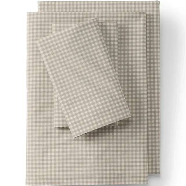 Lands' End 300 Thread Count Cotton Percale Yarn-Dyed Bed Sheet Set - Queen - Khaki Gingham