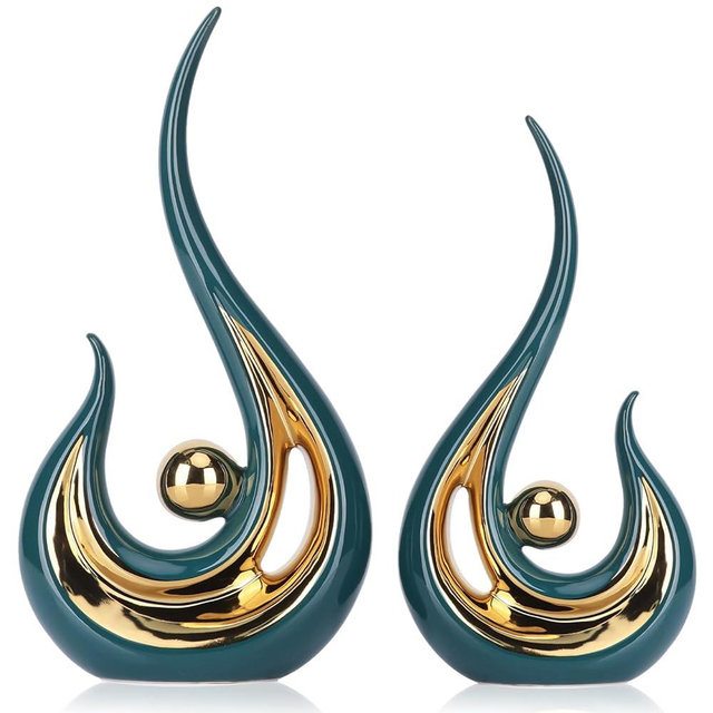 Teal Statue Home Decor Accent, Green Gold Aesthetic Art Kitchen Accessories Decor, Modern Center Pieces Decoration for Table, 2 Pc Abstract Art Ceramic for Tv Stand Table Decorations for Living Room