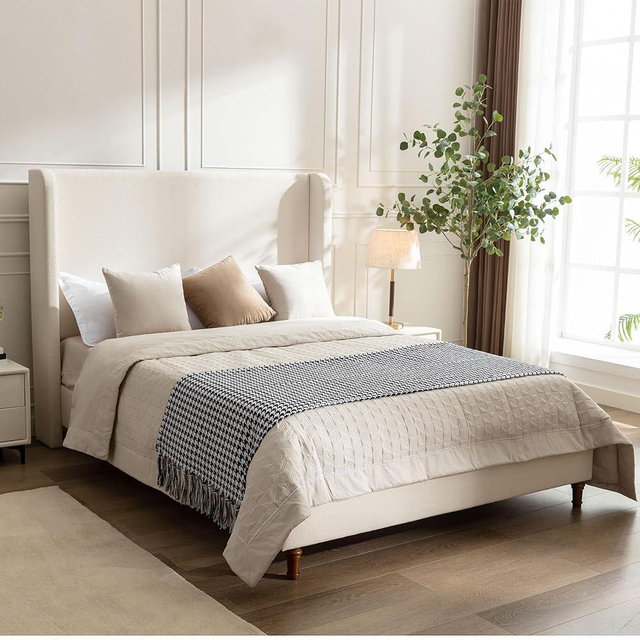 Modern King Wingback Bed Frame with 54 Inch Tall Headboard, Boucle Upholstered Platform Bed, Solid Wood Legs, Sturdy Metal Slats, No Box Spring Needed (Ivory White-R9889)