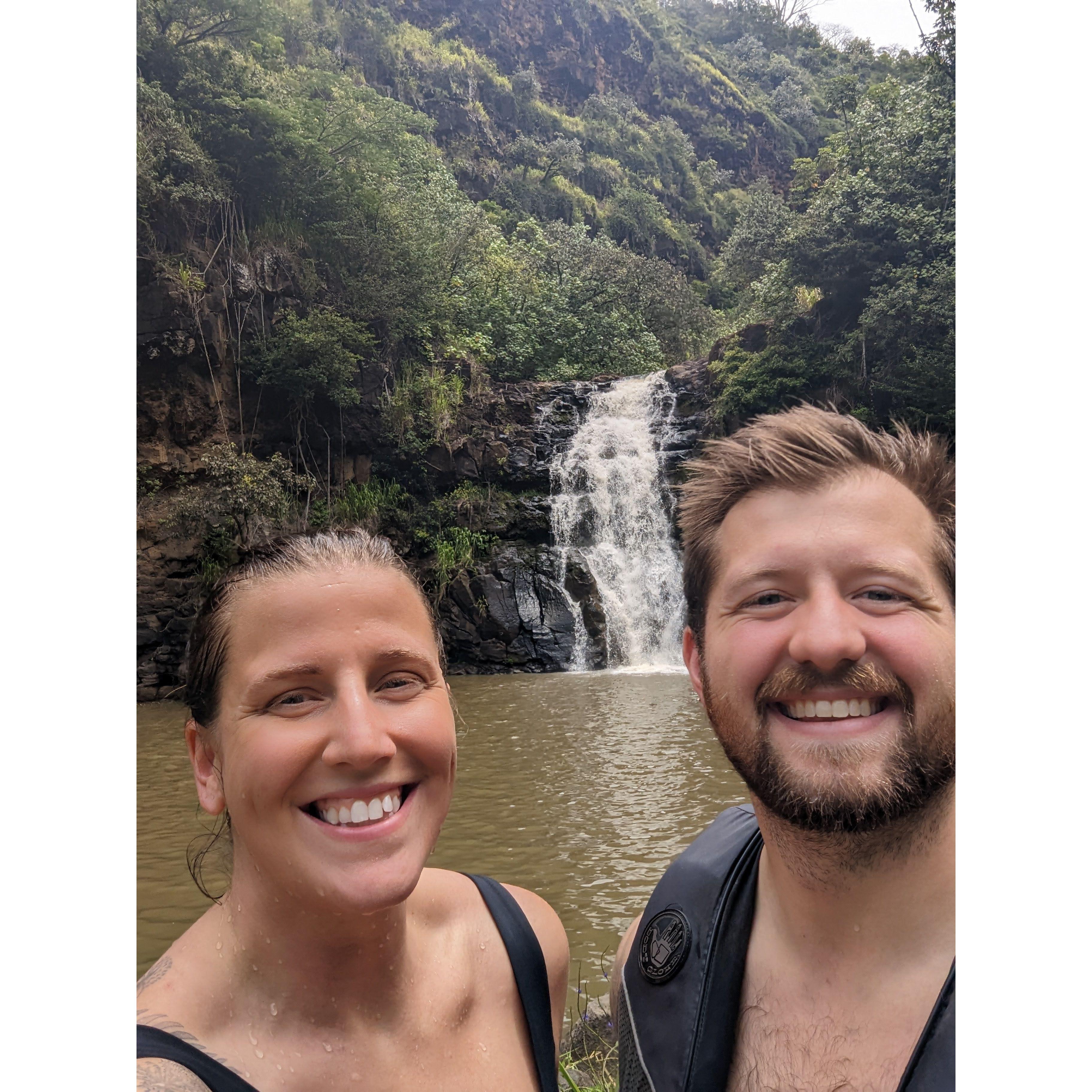 Swimming in waterfalls at a nature reserve in Hawaii