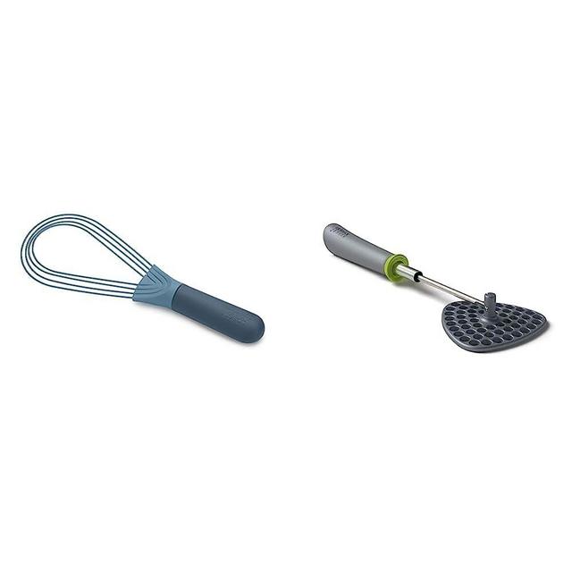 Joseph Joseph 981000 Twist Whisk 2-In-1 Collapsible Balloon and Flat Whisk Silicone Coated Steel Wire, Sky & Delta Folding Potato Masher Stores Flat Space Saving Locking, One-Size, Gray/Green