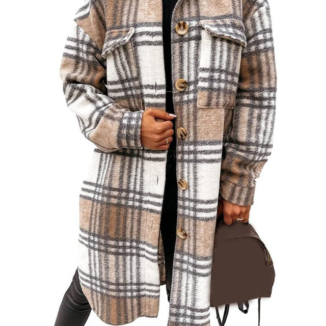 PUWEI Women's Long Flannel Plaid Jacket Shacket Cozy Lapel Button Down Shirt Jacket Fuzzy Trench Coat