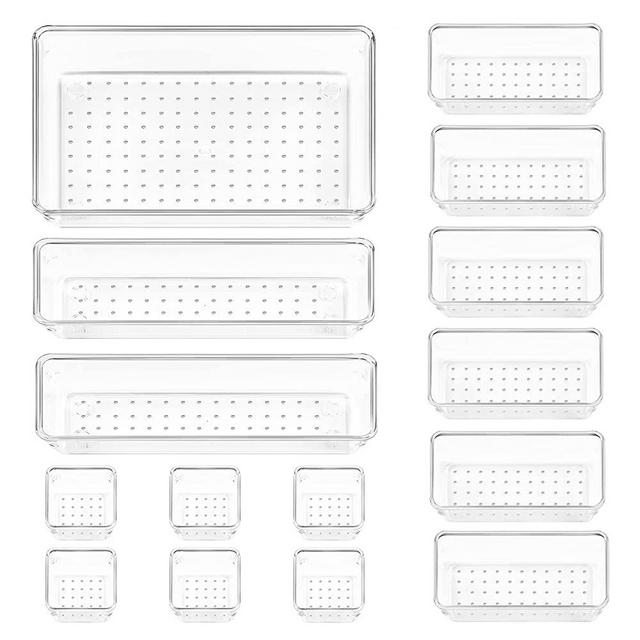 Vtopmart 15 PCS Clear Plastic Drawer Organizers Set, 4-Size Versatile Bathroom and Vanity Drawer Organizer Trays, Storage Bins for Makeup, Bedroom, Kitchen Gadgets Utensils and Office