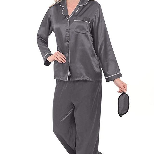 Alexander Del Rossa Women's Button Down Satin Pajama Set with Sleep Mask, Long Silky Pjs
