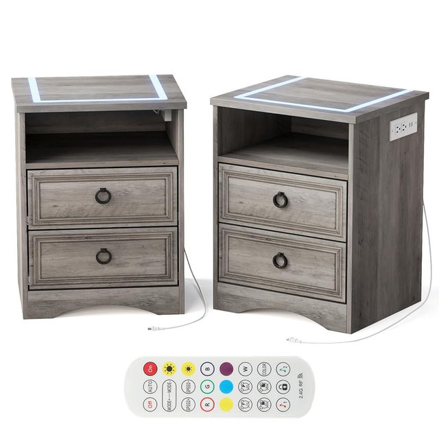 Nightstand with Strip Lights,USB Outlets Set of 2, Night Stand with Drawers, Accent Bed Side Table and End Table with Open Storage for Bedroom, Living Room,Gray