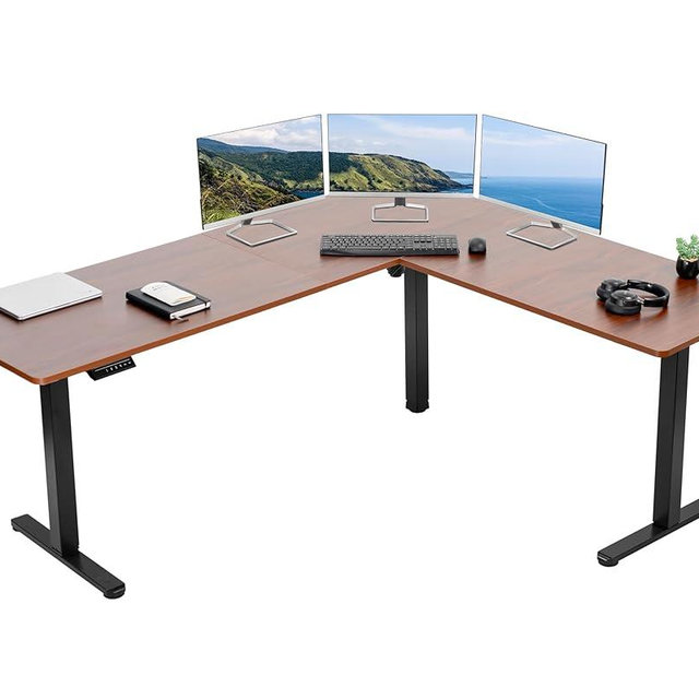 VIVO Electric Corner L-Shaped 75 x 63 inch Standing Desk, Height Adjustable, Memory Controller, Dark Walnut Top Black Frame, DESK-E3CTD-75