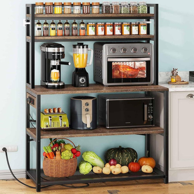 Denkee Large Bakers Rack with Power Outlet, 5 Tiers Microwave Stand with Storage, Standing Kitchen Shelves with X-Brace, Coffee Bar Station, 39.4×15.7×66.9 Inch