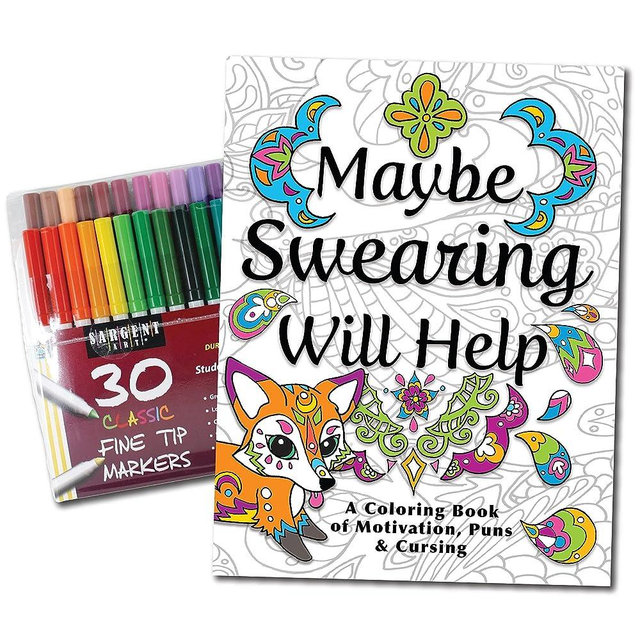 Maybe Swearing Will Help Adult Coloring Book Set - Coloring Books for Adults Relaxation with 30 Markers in a Case - Motivational Swear Word Anxiety Relief - Color Cuss & Laugh Your Way to Less Stress