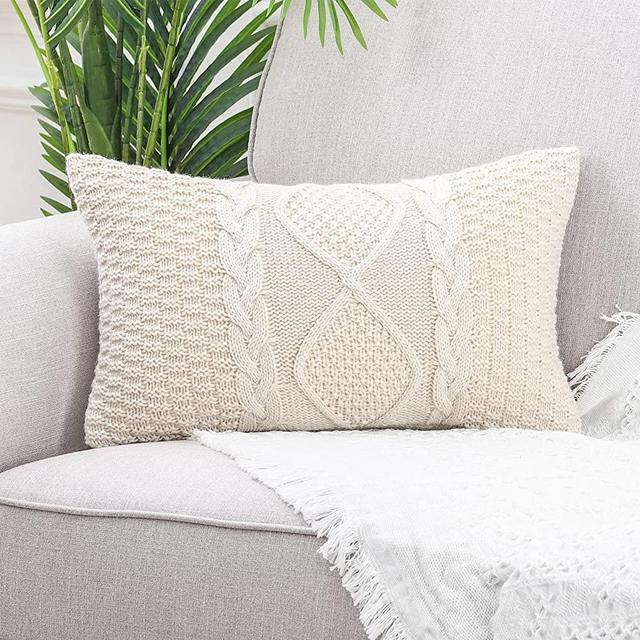 MANDIOO Cotton Knitted Beige Decorative Lumbar Throw Pillow Covers Soft Cozy Outdoor Cushion Cases Luxury Modern Pillowcases for Couch Sofa Bed 12x20 Inches