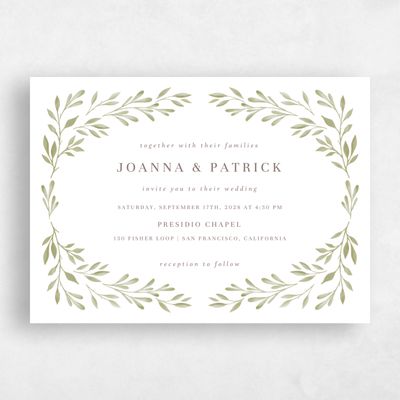 Olive Sage, White Wedding Invitation - Oriana Landscape
