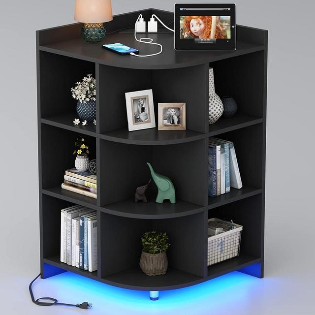 Gyfimoie Corner Storage Cabinet with Charging Station and LED Lights, 9-Cubby Corner Bookshelf Bookcase with USB Ports and Outlets, Corner Night Stand Printer Stand for Small Corner Space (Black)