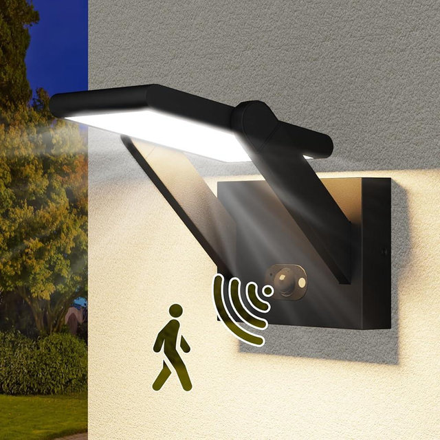 Solar Outdoor Motion Sensor Wall Light, LED Dimmable Modern Exterior Lights Fixtures, Rotatable and 3 Lighting Modes Aluminum IP65 Waterproof Fixture for Porch Patio Garden Garage Front Door Yard