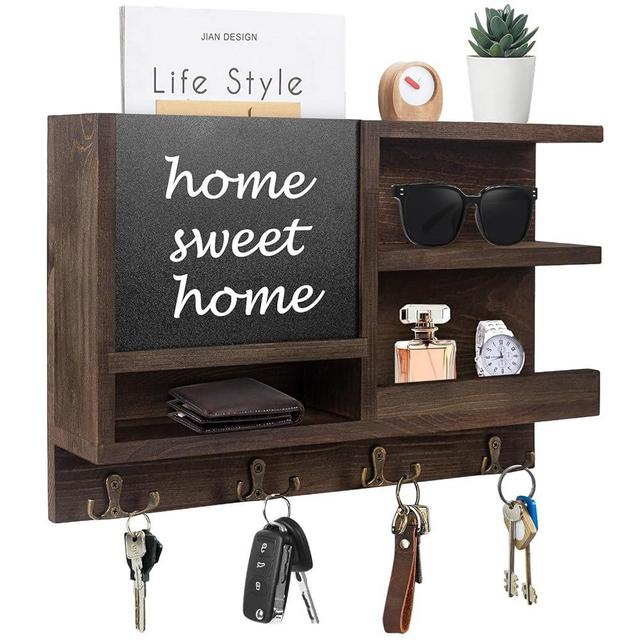 WEWEOW Key Holder for Wall, Mail Organizer Wall Mount with Key Hooks and Chalkboard & Mirror for Sunglasses Storage and Dog Leash Hanger, Decorative with 4 Double Hooks