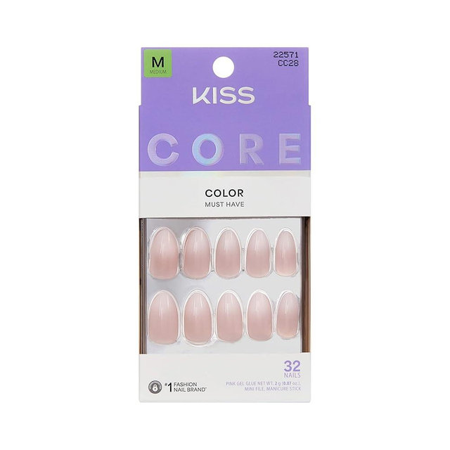 Kiss Core, Press On Nails, Nail glue included, 'Dulcet', Pink, Medium Size, Almond Shape, Includes 32 Nails, 2g Glue, 1 Manicure Stick, 1 Mini File