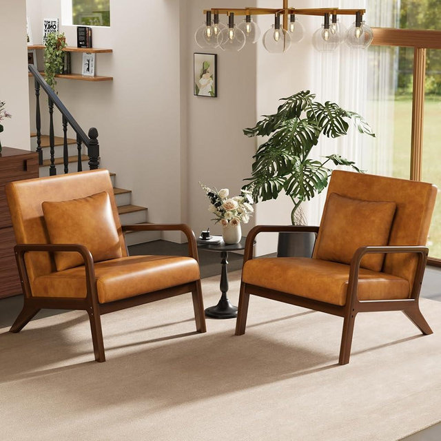 ELUCHANG Mid-Century Modern Chair,Upholstered Accent Chair Reading Arm Chair with Cushion & Lumbar Pillow & Solid Wood Frame for Lounge, Living Room, Bedroom, Office, Brown-PU Leather, 2PCS