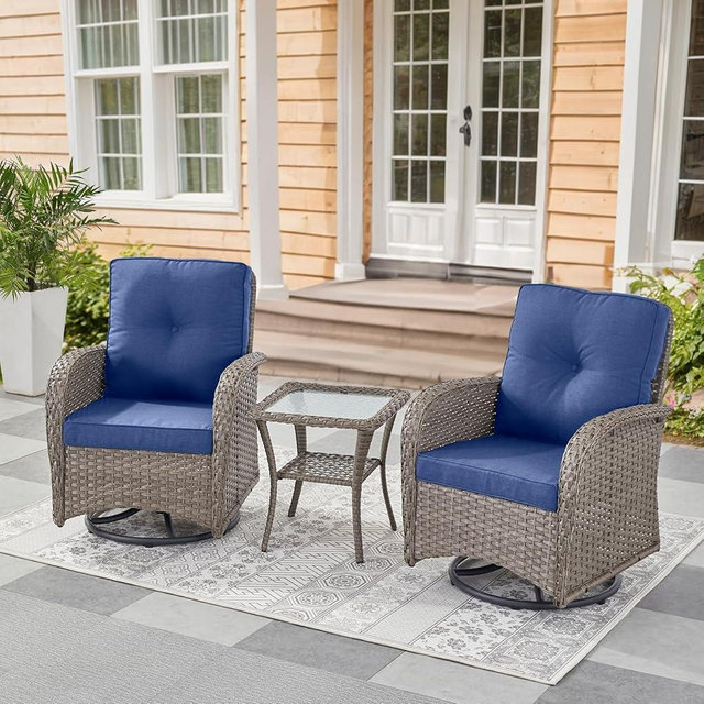 Belord Swivel Patio Chairs Wicker Set - Outdoor Swivel Rocker Chair with Side Table, 3 Piece Patio Glider Chairs Furniture Set with Water-Resistant Cushions for Porch Deck Sunroom