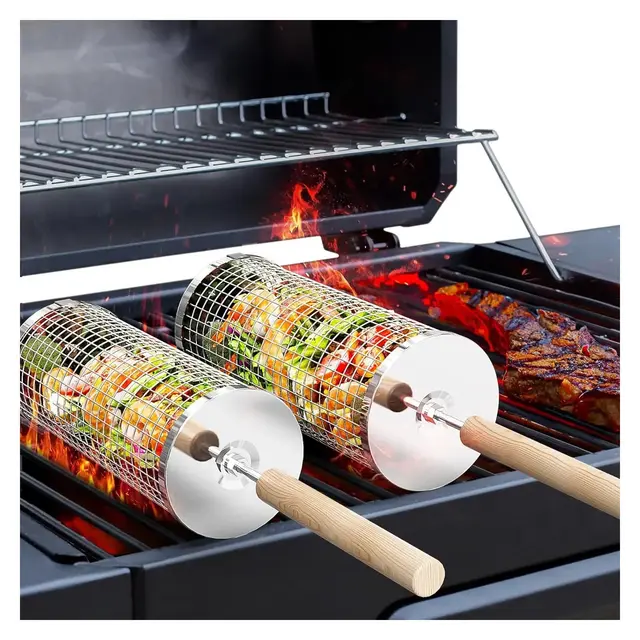 Rolling Grill Basket, Removable Wooden Handle, 304 Stainless Steel, Nesting Smoker Net, BBQ Accessories Tools