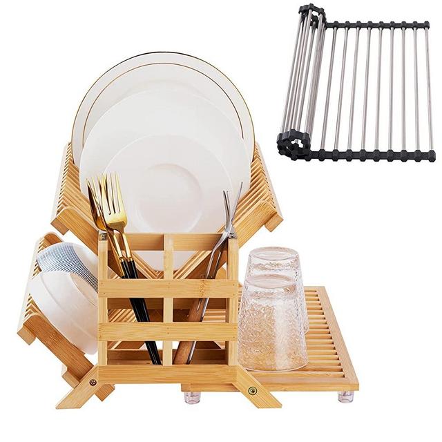 WORTHUG Bamboo Dish Drying Rack, 3-Tier Large Folding Wooden Dish Drying Rack with Utensil Holder & Multipurpose Roll Up Dish Drying Rack, Collapsible Dish Drainer Rack for Kitchen Counter