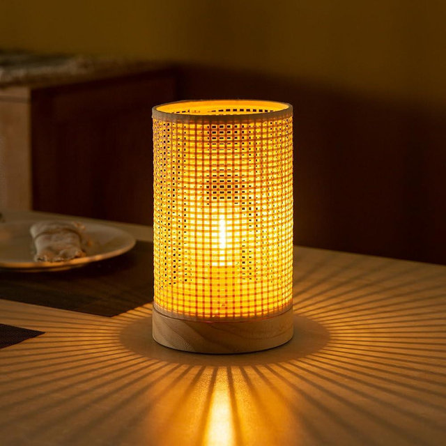 LUSHARBOR Decorative Boho Bedside Table Lamp, Natural Bamboo Battery Operated Lamp with Timer, Small Cordless Accent Lamp for Livingroom/Entryway/Tabletop Decor-Beige