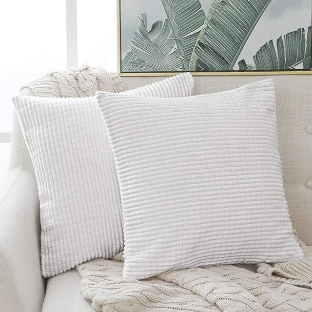 Deconovo Throw Pillow Cover in Bright White, 18x18 Inch, Corduroy Square Cushion Cover with Stripes for Bedroom Sofa Living Room Couch Set of 2