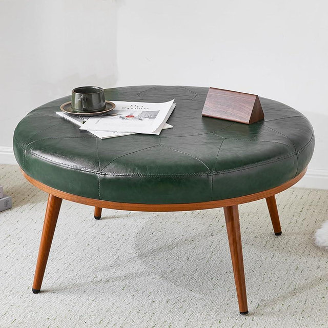 HUVIBE Round Ottoman, Large Faux Leather Footstool and Coffee Table, Cushioned Backless Chair for Living Room & Bedroom, Padded Seat Footrest, (Green)