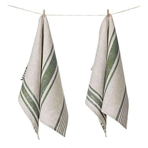 100% Pure Flax Linen Kitchen Tea Towel, Set of 2, 17 x 27 inchces, Natural Grey and Olive Green Striped