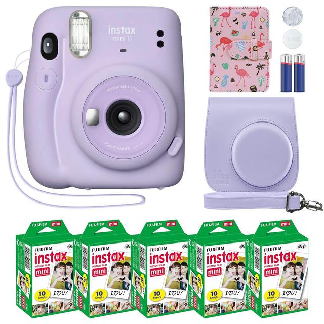 Fujifilm Instax Mini 11 Instant Camera + MiniMate Accessory Bundle Compatible Custom Case + Fuji Instax Film Value Pack (50 Sheets) Flamingo Designer Photo Album (Lilac Purple, Standard Packaging)