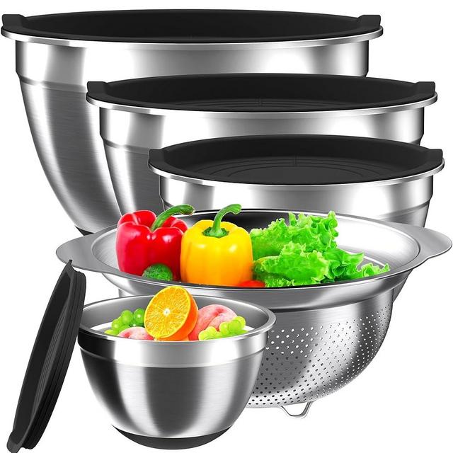 Mixing Bowls with Airtight Lids Set, 4 Stainless Steel Bowls Nesting Bowls & Colander, Kitchen Organizers and Storage Non-Slip Bottom, Size 1.5/2.0/2.5/4.0QT, Great for Mixing & Serving, Black