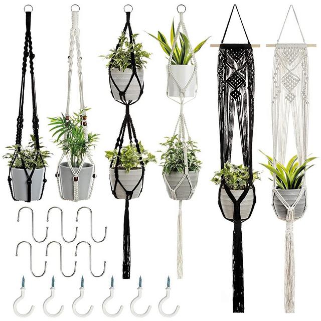 Pack of 6 Bohemian Decor Hanging Planters in Black / Cream, Different Tiers, Handmade Cotton Rope Hanging Planters Set Flower Pots Holder Stand, for Indoor Outdoor Boho Home Decor