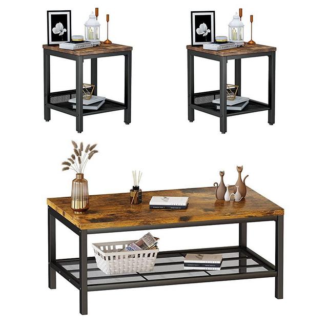 AWQM Coffee Table Set of 3, Industrial Coffee Table with 2 Square End Side Tables, Modern Living Room Table Set with Metal Frame for Apartment Home Office, Rustic Brown