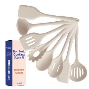 Non-Toxic Platinum Silicone Kitchen Utensil Set of 8 – Non-Scratch Cooking Spoons & Spatulas, 100% Plastic Free, Stainless Steel Core, Heat Resistant 500°F, Beige