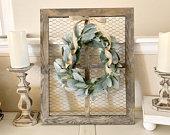 Window Frame with Lambs Ear Wreath,...