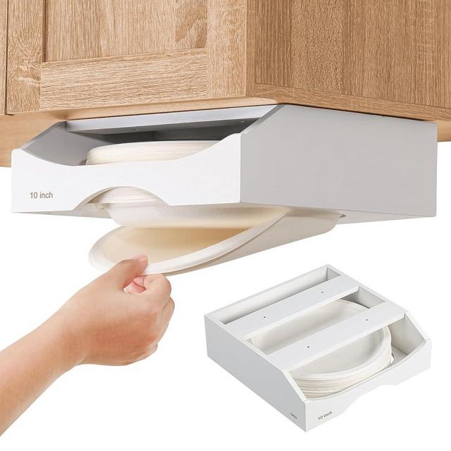 10-inch Paper Plate Dispenser, Bamboo Under Cabinet Paper Plate Holder, Kitchen Countertop Vertical Under Cabinet Plate Rack (For 10-inch Plates, White)