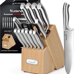 Kuisine Premium Sharp Knife Set Carbon Steel Forged,Ergonomic Handle Knife Block Set,Kitchen Block Knife Set,Chef Knife Set Built-in Sharpener(Silver Pro, 15PCS)