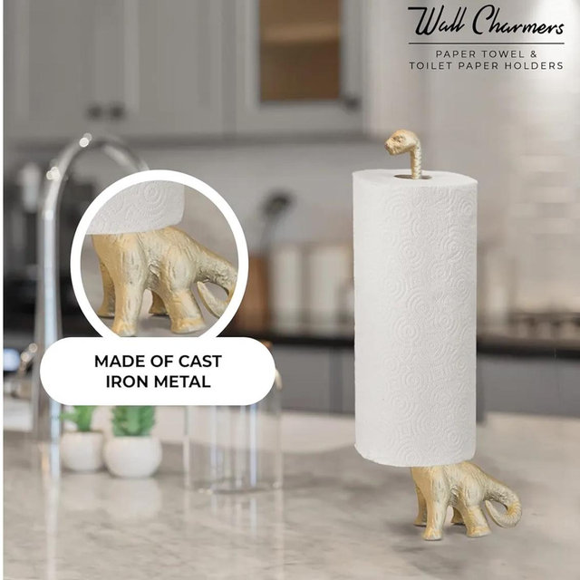 WallCharmers Gold Paper Towel Holder, Metal Toilet or Kitchen Paper Holder for Floor or Countertop, Gold Dino