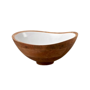 Mango Wood with White Enamel Bowl- Large