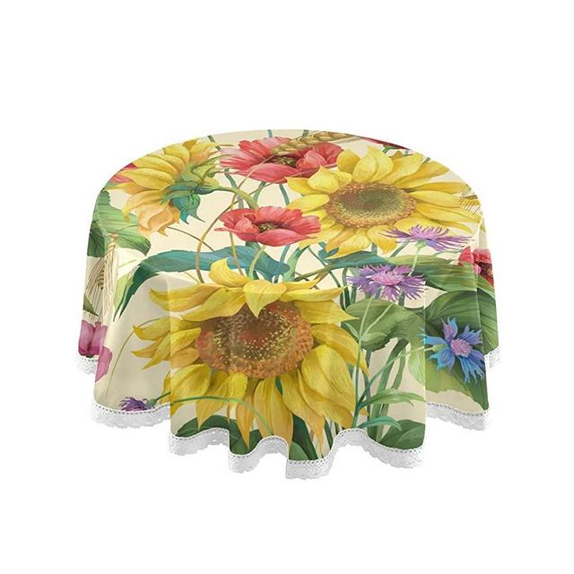 Foiosoh Round Tablecloth Sunflower Cornflower Poppy Polyester Tablecover 60 Inch with Lace Design, Anti-Wrinkle and Smooth Table Cloth for Kitchen/Home Decoration