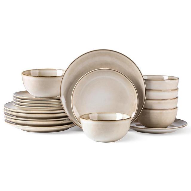 AmorArc Stoneware Dinnerware Sets for 6, 18 Pieces Handpainted Ceramic Plates and Bowls Set, Scratch Resistant Dishes Set, Dishwasher & Microwave Safe, Cappuccino