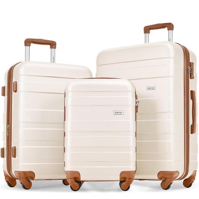 Merax 3 Pcs Expandable ABS Hardside Luggage Set Spinner Wheel Suitcase TSA Lock, Brown/Ivory, 20/24/28 Inch